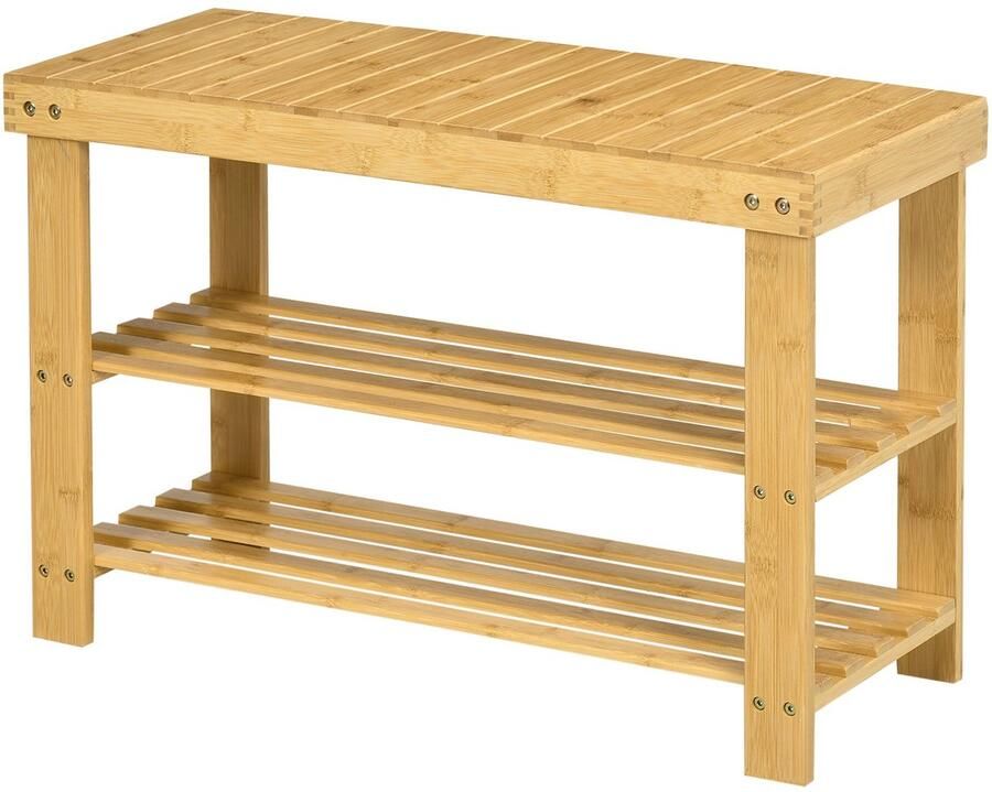 Merax HOMCOM Schoenbank Met Zitvlak – Bamboe Garderobebank – Schoenenrek 3 Lagen – Voor 6 Paar Schoenen – 70x28x45 cm – Natuurlijk Hout