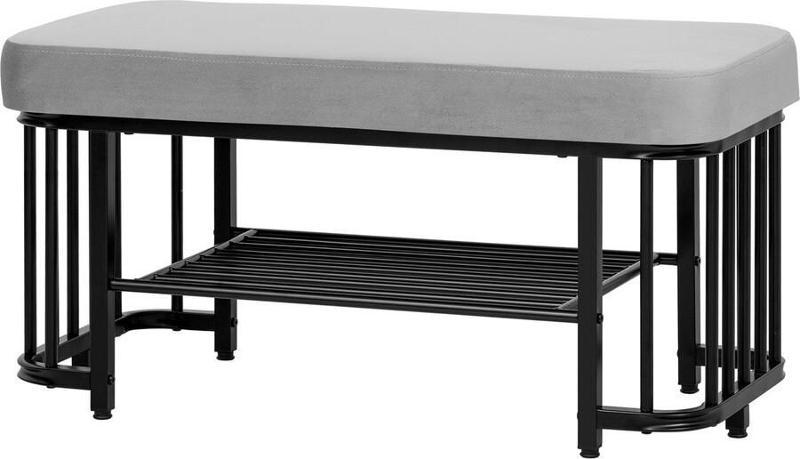 Merax Schoenenbank met Zitvlak – Fluweel en Metaal – 80x35x39 5 cm – Grijs Zwart – Halbank met Schoenenrek en Verstelbare Poten