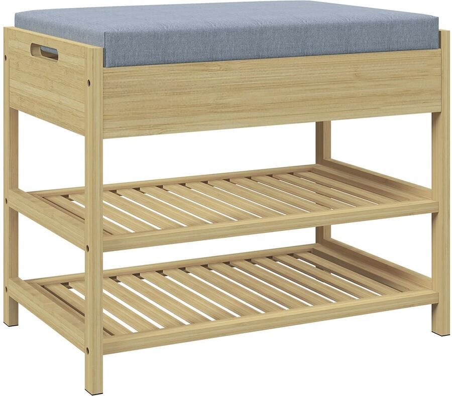 Merax HOMCOM Schoenenbank – Bamboe Zitbank met Lade en Schoenenrek – 55x35x46 cm – Voor 4 Paar Schoenen – Flurbank met Kussen – Naturel