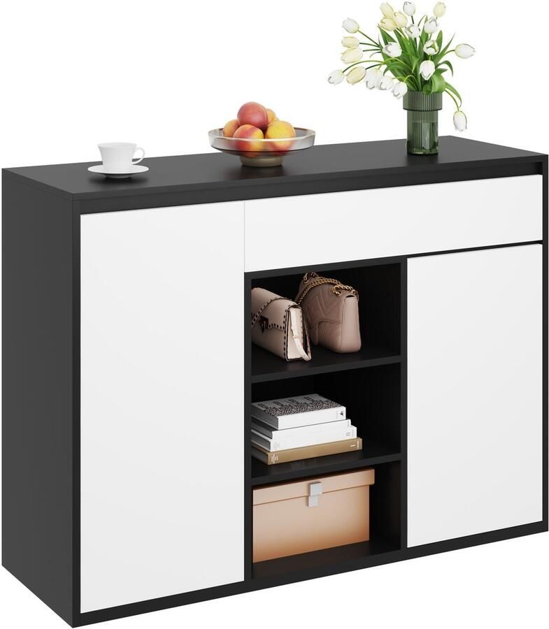 Merax Schoenenkast 2 Deuren & 1 Lade LED Verlichting Zwart Wit Modern Geschikt voor 12-17 Paar Schoenen