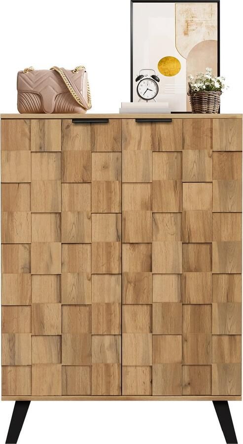 Merax Schoenenkast 80 5x35x109 5 cm – Halmeubel met 2 Deuren – 5 Vakken en Verstelbare Planken – Houtlook Bruin met Zwarte Accenten – Soft-Close Scharnieren