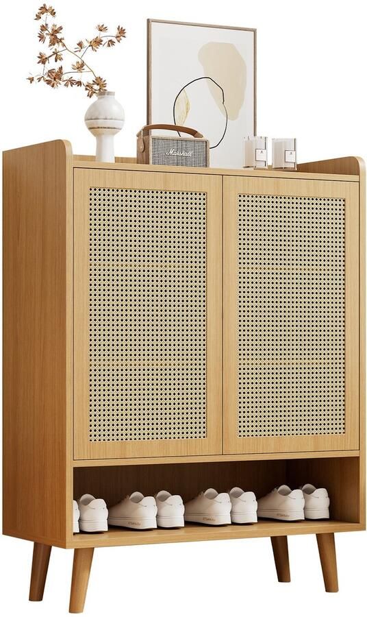 Merax Schoenenkast 80x35x105 cm – Rattan Deuren met Push-to-Open Systeem – 5 Opbergplanken – Massief Houten Poten – Licht Eiken Bruin Halmeubel - Foto 2