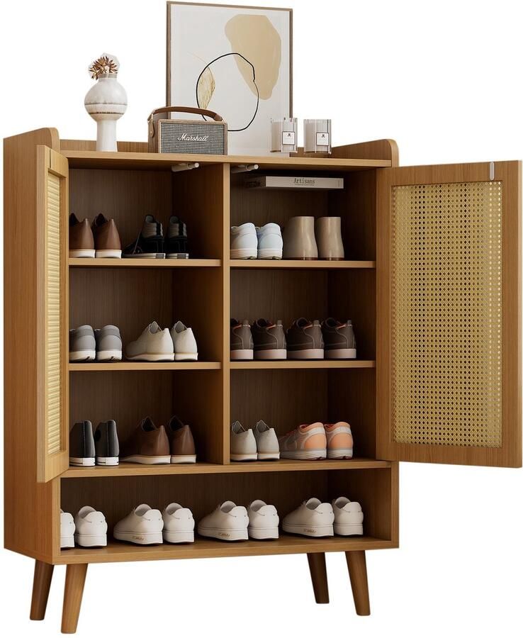 Merax Schoenenkast 80x35x105 cm – Rattan Deuren met Push-to-Open Systeem – 5 Opbergplanken – Massief Houten Poten – Licht Eiken Bruin Halmeubel