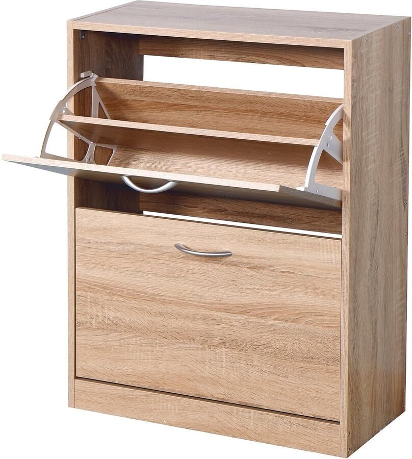 Merax Schoenenkast Eiken Bruin Met 2 Kleppen Smalle Opbergkast Voor Schoenen Hal Of Gang 80 cm Hoog