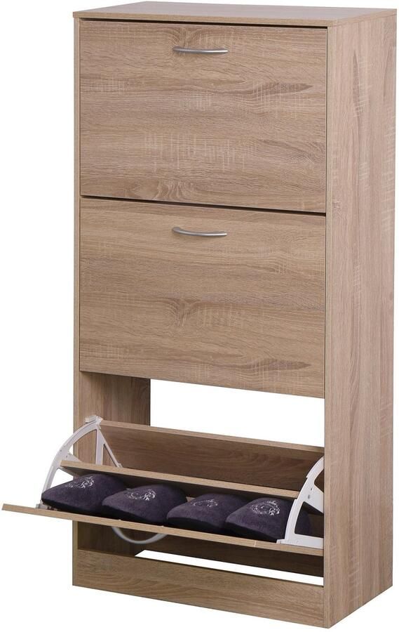 Merax Schoenenkast Eikenhout Met 3 Kleppen En Schoenenrek Smalle Opbergkast Voor Hal Of Gang 120 cm Hoog