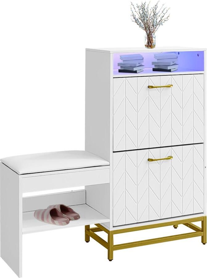 Merax Schoenenkast – Witte Schoenenkast met Zitbank Dubbele Deuren Open Vakken en LED-verlichting – Voor Hal of Entree – 100x30x102 cm