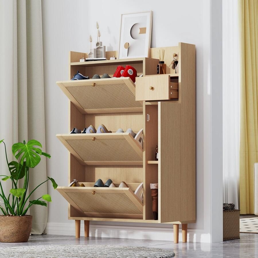 Merax Rieten Schoenenkast van Hout – Geschikt voor Smalle Ingangen – 3 Klapdeuren en 1 Lade – Massief Houten Poten en Handgrepen – Afmetingen: 90x125x17 cm