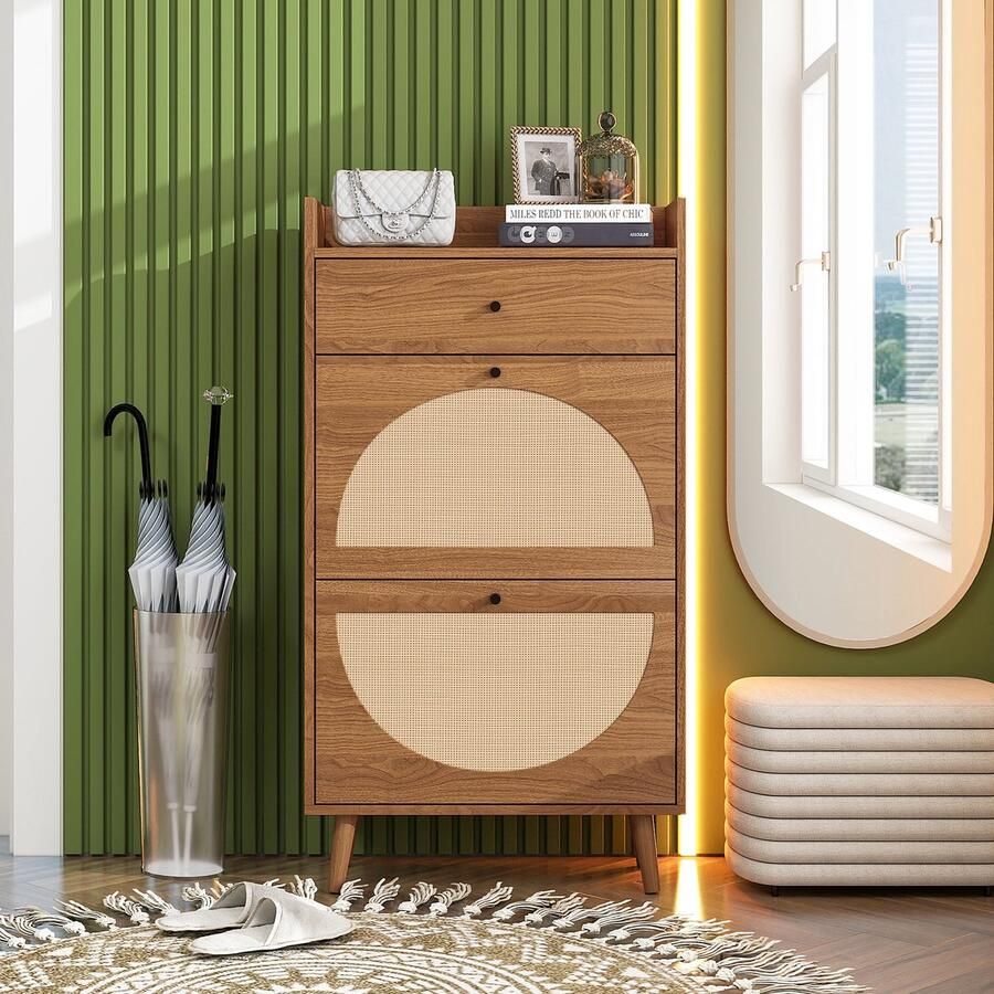 Merax Schoenenkast in Rattan Look 10 Paar Schoenen Kast met 2 Deuren en Lade Halmeubel met Houten Poten Walnoot Bruin