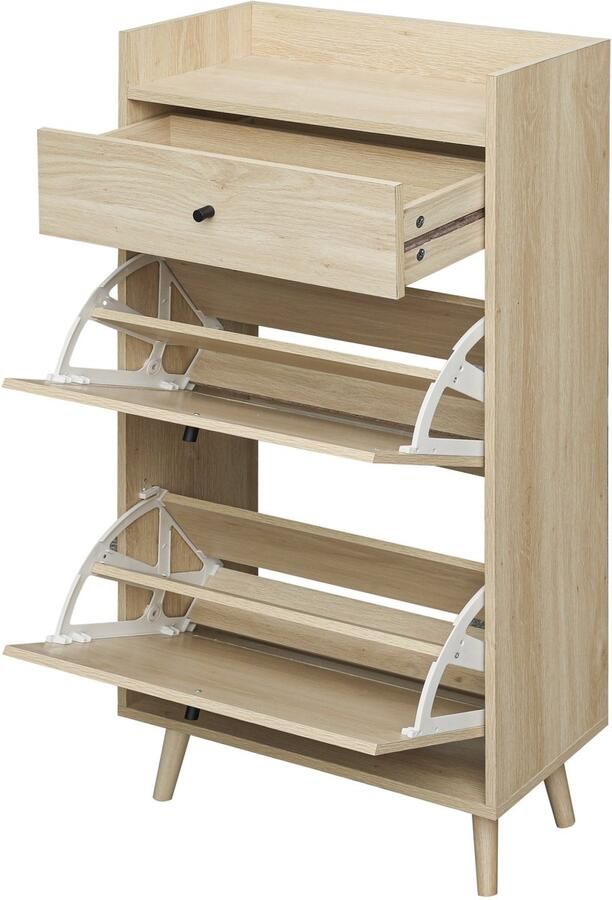 Merax Schoenenkast met 2 Deuren en 1 Lade – Rieten Look – Natuurlijke Houtkleur – Verwijderbare Plank – Zonder Achterwand – 60x110 cm – Geschikt voor de Hal