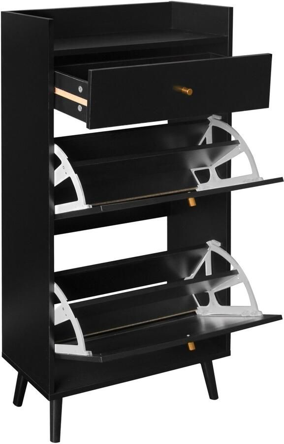 Merax Schoenenkast met 2 Deuren en 1 Lade – Zwart – Rattan Look – Verwijderbare Plank – Zonder Achterwand – 60x110 cm – Geschikt voor de Hal