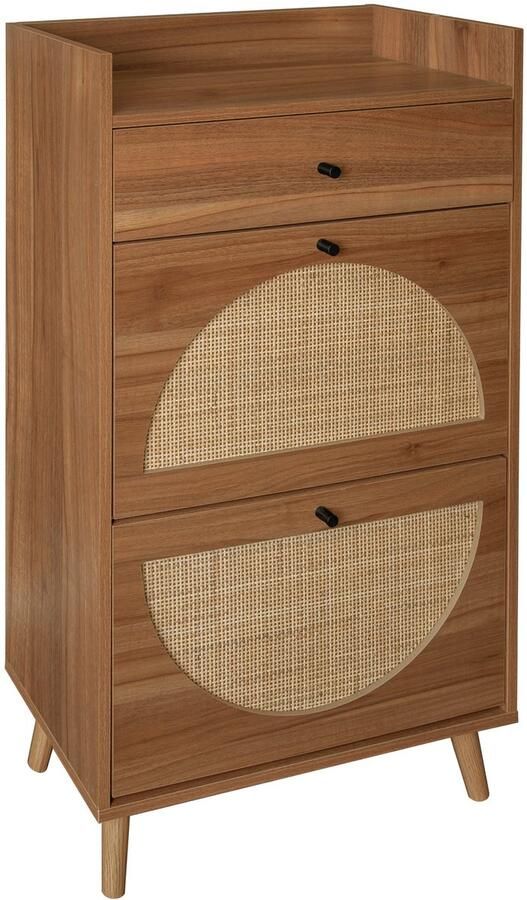 Merax Schoenenkast in Rattan Look 10 Paar Schoenen Kast met 2 Deuren en Lade Halmeubel met Houten Poten Walnoot Bruin - Foto 2