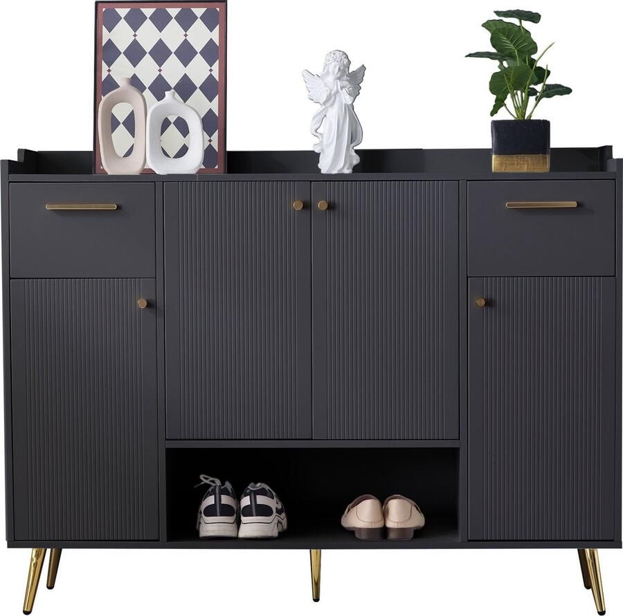 Merax Schoenenkast met 2 Laden en 4 Deuren – Halmeubel met Open Vak – Moderne Kast met Metalen Poten – Zwart met Goud - Foto 2