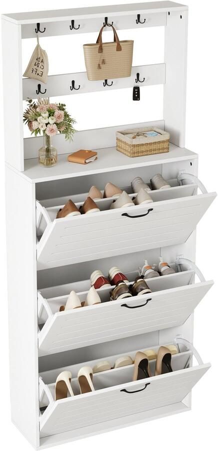 Merax Schoenenkast met 3 Deuren Schoenenrek met Haken Kast voor 15 Paar Schoenen Opbergkast voor Schoenen Tassen en Hoeden Wit 70x25x163 cm