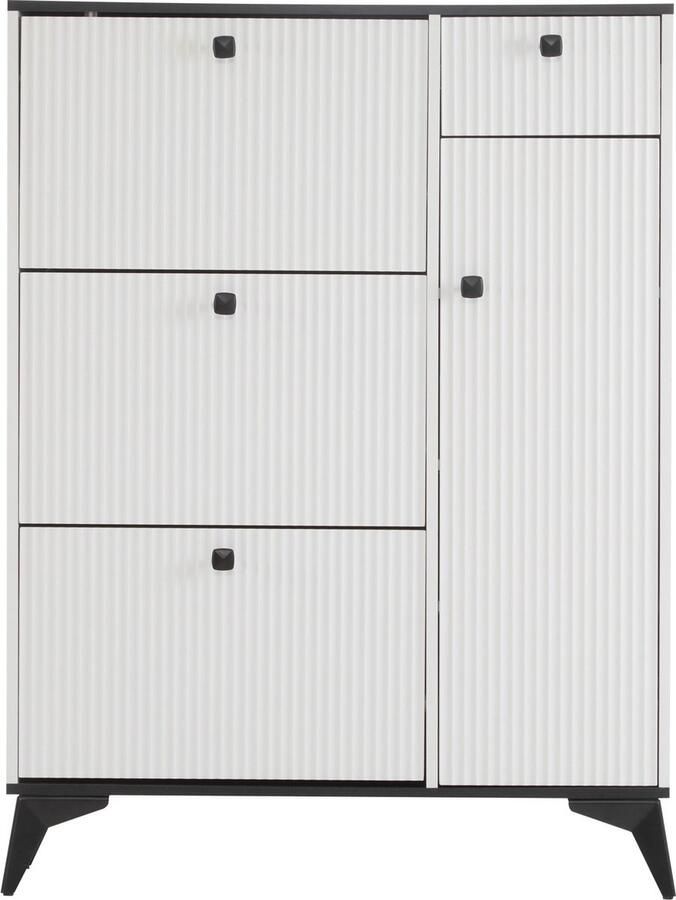 Merax Schoenenkast met 3 Klepdeuren – 1 Lade en Zijdeur – Smalle Schoenenkast 90x25x121 cm – Wit met Zwarte Accenten – Modern Design met Metalen Handgrepen en Verstelbare Legplanken