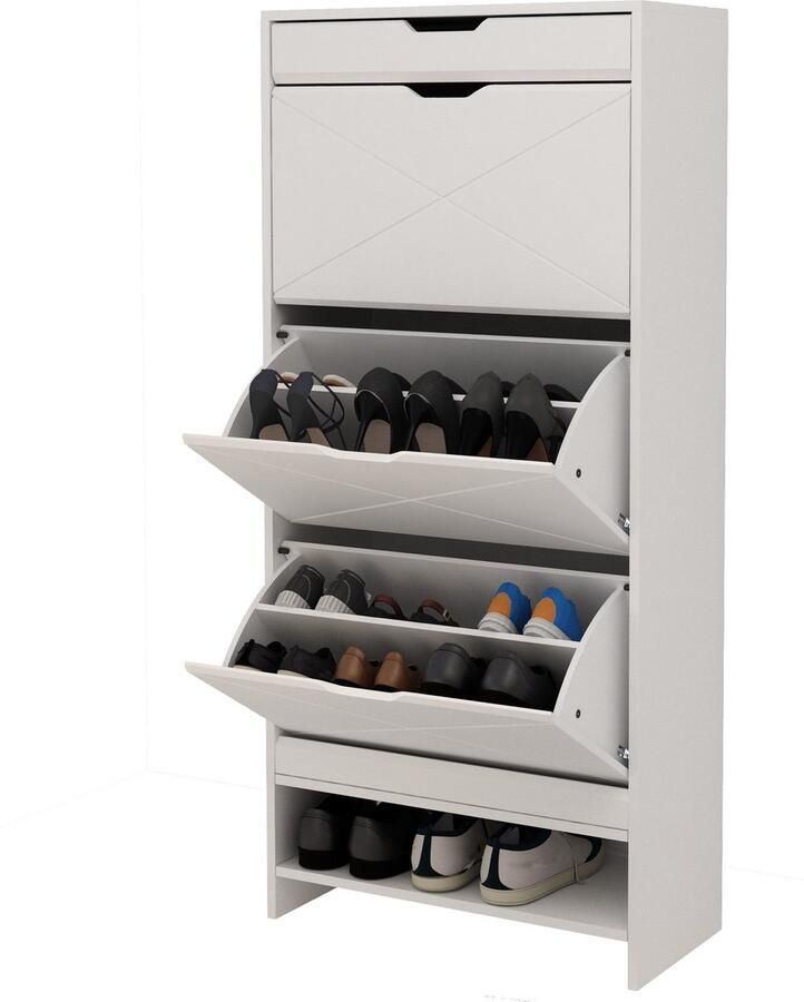 Merax Schoenenkast met 3 Klepdeuren en Bovenlade – Witte Opbergkast van MDF 136 5 x 63 x 29 5 cm