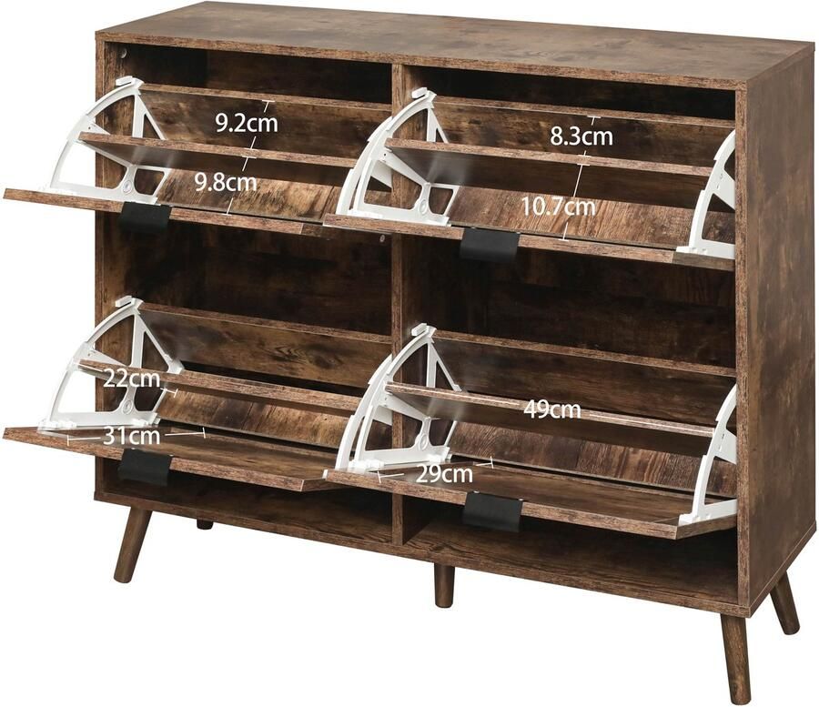 Merax Schoenenkast met 4 Deuren – Retro Bruin – 105x24x91 cm – Opbergkast met Rattan Look en Dubbele Legplank