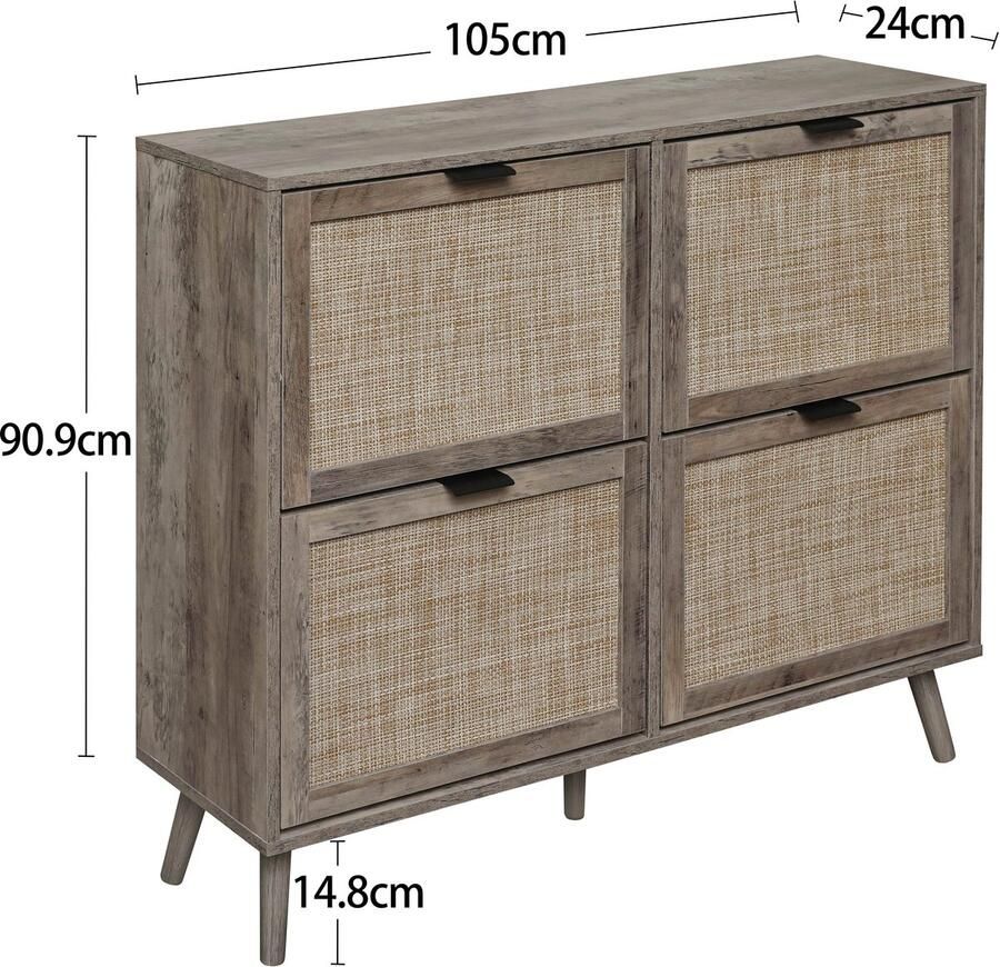 Merax Schoenenkast met 4 Deuren – Retro Grijs – 105x24x91 cm – Opbergkast met Rattan Look en Dubbele Legplank - Foto 3