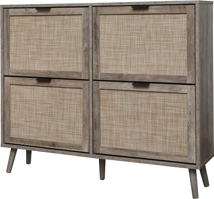 Merax Schoenenkast met 4 Deuren – Retro Grijs – 105x24x91 cm – Opbergkast met Rattan Look en Dubbele Legplank