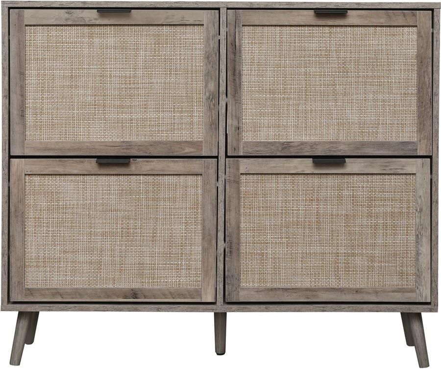 Merax Schoenenkast met 4 Deuren – Retro Grijs – 105x24x91 cm – Opbergkast met Rattan Look en Dubbele Legplank - Foto 2