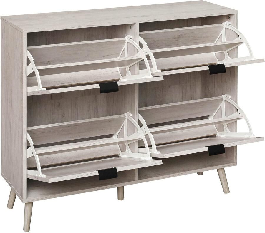 Merax Schoenenkast met 4 Deuren – Retro Wit – 105x24x91 cm – Rattan Look – Opbergkast met Dubbele Legplank en Achterwand