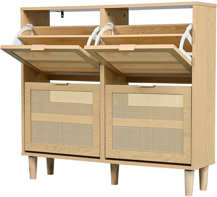 Merax Schoenenkast met 4 Klapdeuren – Rieten Schoenenkast met Metalen Handgrepen – Schoenenrek voor Hal Slaapkamer en Appartement – Houten Kast in Landelijke Stijl – 100x90x25 cm - Foto 2