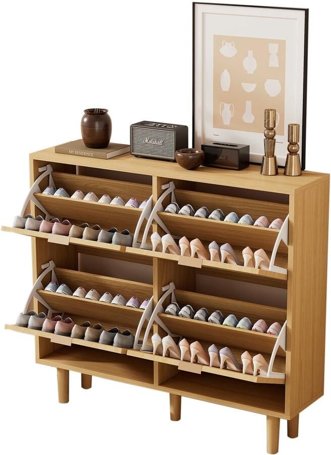 Merax Schoenenkast met 4 Klapdeuren – Rieten Schoenenkast met Metalen Handgrepen – Schoenenrek voor Hal Slaapkamer en Appartement – Houten Kast in Landelijke Stijl – 100x90x25 cm - Foto 3