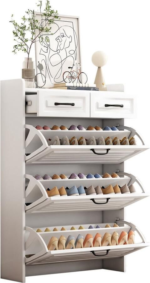 Merax Schoenenkast met Draaibare Klapdeuren en 2 Laden – Moderne Schoenenkast voor Hal of Woonkamer – Wit – 80x23 5x120 cm – Inclusief Anti-Kantel Beveiliging