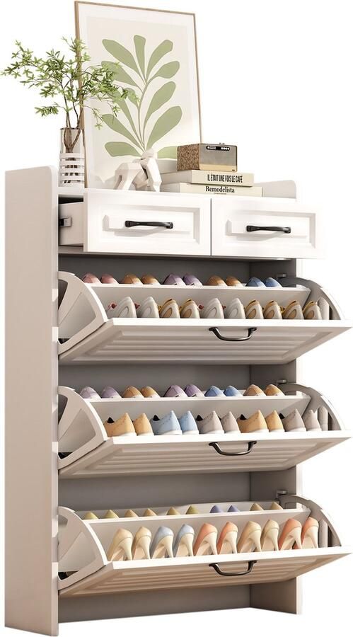 Merax Schoenenkast met Draaibare Klapdeuren en 2 Laden – Moderne Schoenenkast voor Hal of Woonkamer – Wit – 80x23 5x120 cm – Inclusief Anti-Kantel Beveiliging - Foto 2