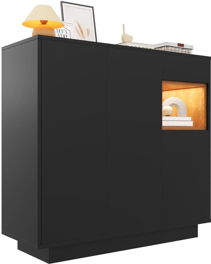 Merax Schoenenkast met Lade en LED-verlichting – Moderne Schoenenkast met Verstelbare Planken – Zwart & Hout – Voor 14-18 Paar Schoenen