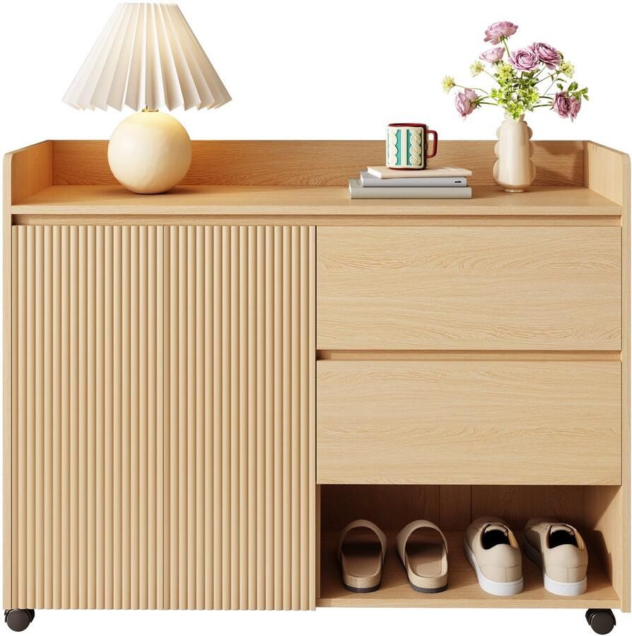 Merax Schoenenkast met Lade en Open Vakken Verplaatsbare Schoenenkast met Wieltjes en Rem Verstelbare Planken en Soft-Close Scharnieren MDF Houtlook 110×35×86 cm