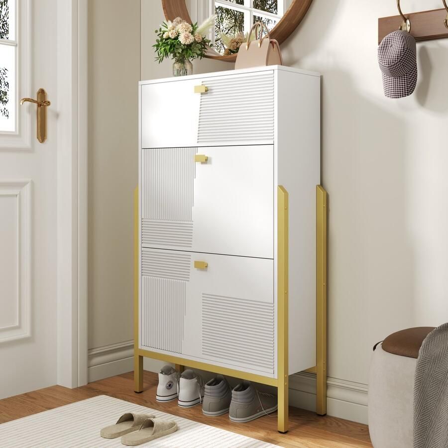 Merax Schoenenkast met lades dubbel schoenenrek met gouden handvatten en poten wit eenvoudig en stijlvol