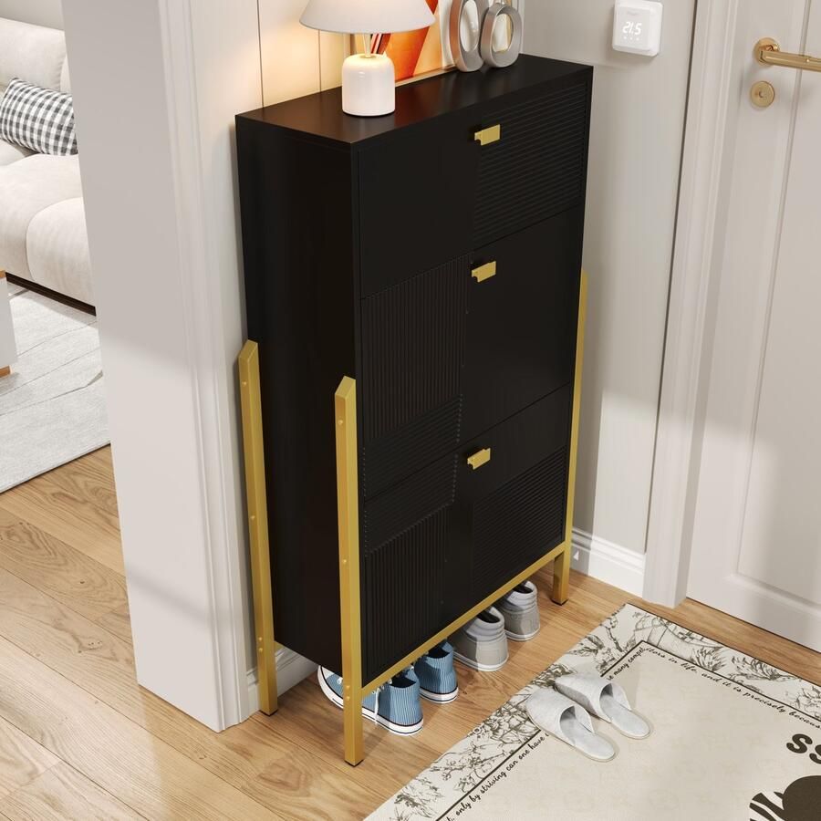 Merax Schoenenkast met lades dubbel schoenenrek met gouden handvatten en poten zwart eenvoudig en stijlvol