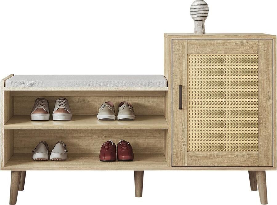 Merax Schoenenkast met Rattan Deuren – Eiken – Verstelbare Planken Verwijderbaar Kussen en Massief Houten Poten – Geschikt voor Hal Woonkamer en Slaapkamer