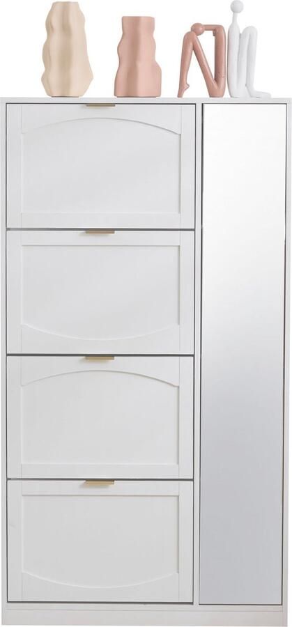 Merax Schoenenkast met Spiegel – Schoenenrek met 4 Klapvakken en Verstelbare Legplank – Ideaal voor de Hal – Wit – 147x80x24 cm