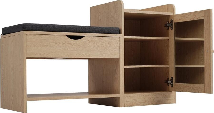 Merax Schoenenkast met Zitting en Opbergruimte – Kast voor Schoenen met Deur Verstelbare Planken en Spiegel