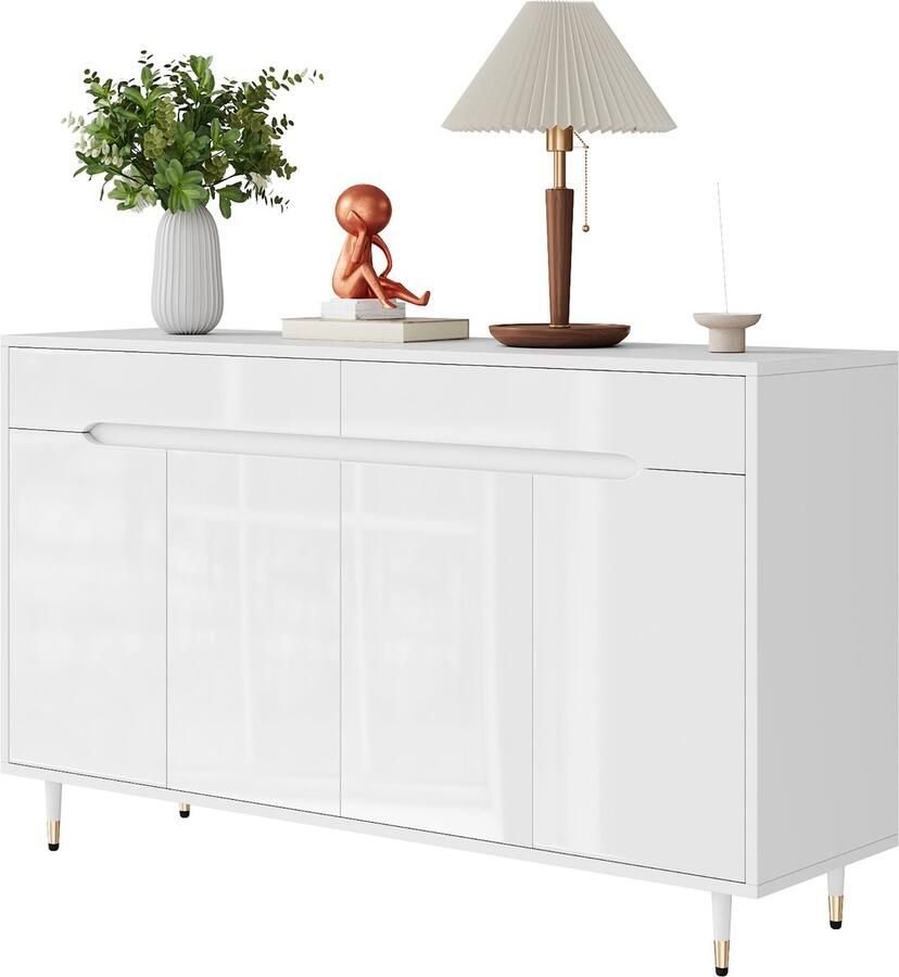 Merax Schoenenkast Modern Dressoir met 2 Deuren en 2 Lades Verstelbare Planken Ruimte voor 18-24 Paar Schoenen Wit met Gouden Poten 140x39x84 cm