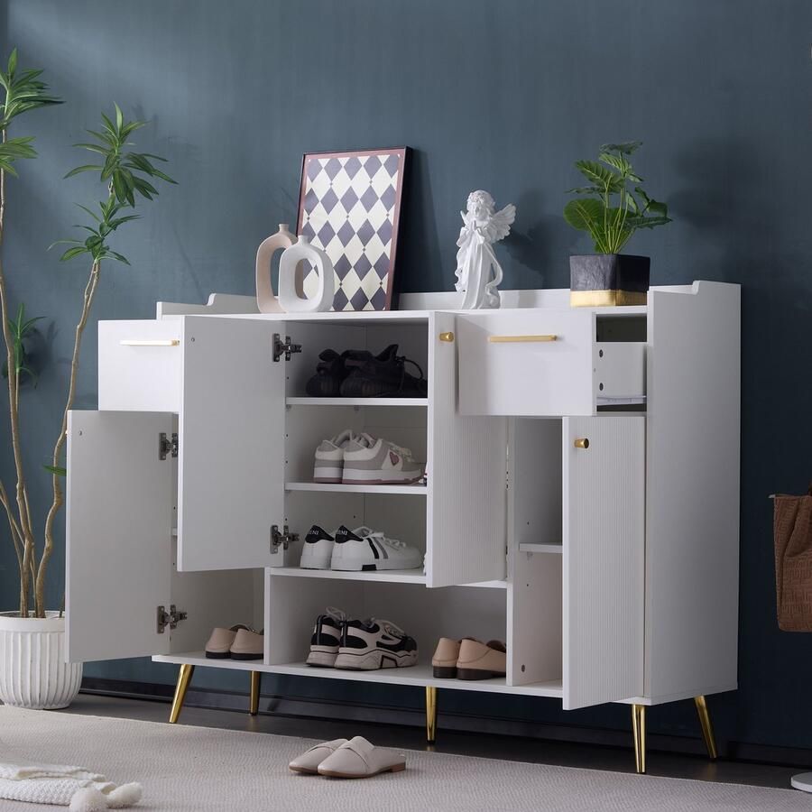 Merax Schoenenkast schoenenrek met 2 lades en 4 deuren metalen poten 130x37x100 cm wit