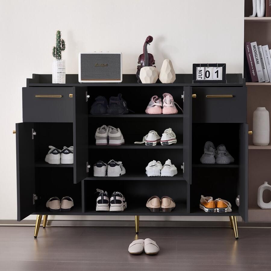 Merax Schoenenkast schoenenrek met 2 lades en 4 deuren metalen poten 130x37x100 cm zwart