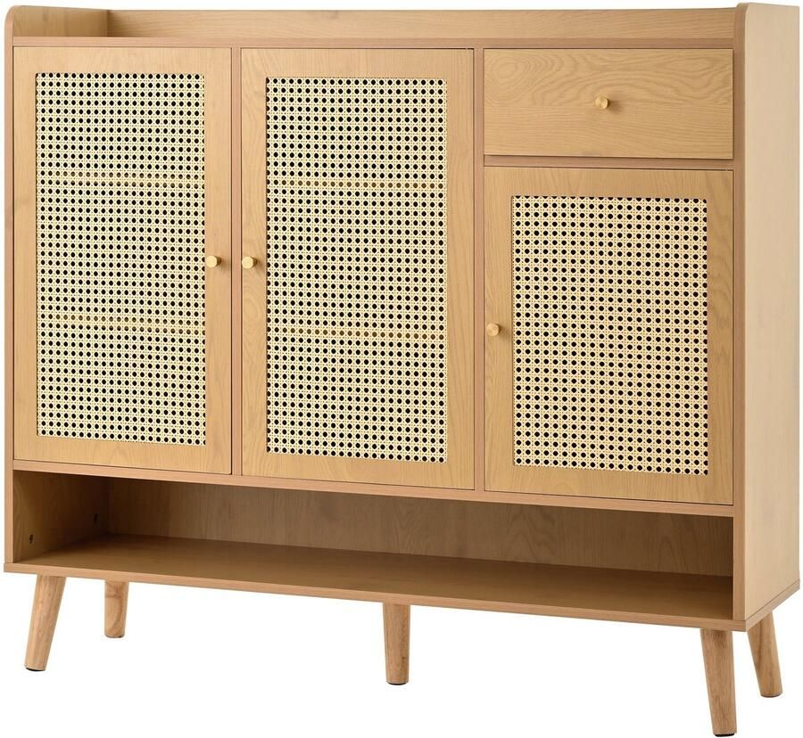 Merax Schoenenkast van Rattan Schoenenmeubel met 3 Deuren 1 Lade en 5 Planken Schoenenrek met Massiefhouten Poten en Metaalgrepen 120x35x106 cm Naturel