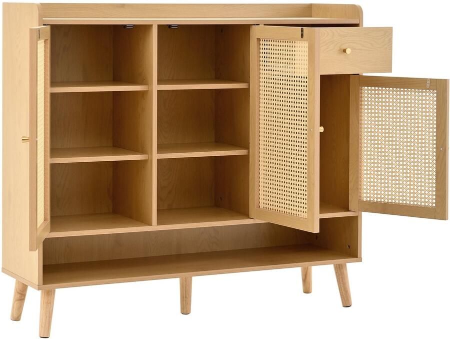 Merax Schoenenkast van Rattan Schoenenmeubel met 3 Deuren 1 Lade en 5 Planken Schoenenrek met Massiefhouten Poten en Metaalgrepen 120x35x106 cm Naturel - Foto 2