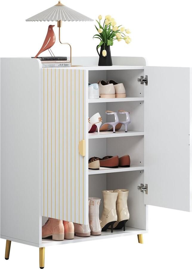 Merax schoenenkast wit – halmeubel 75 cm breed met deuren & open schap – compacte opbergkast voor gang of entree