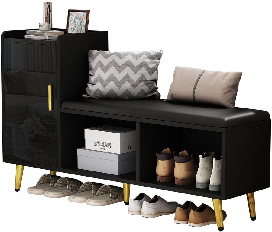 Merax Schoenenkast Zwart Hoogglans met Gouden Accenten en Zitvlak – 120x35x71.5 cm – Schoenenrek met Verstelbare Planken