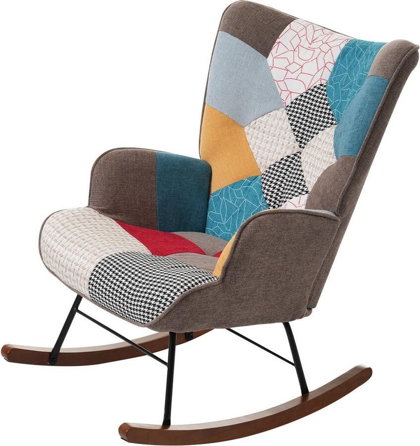 Merax Schommelstoel met Voetensteun – Patchwork Design – Relaxstoel van Massief Hout en IJzer – Unieke Bontlook voor Stijl en Comfort