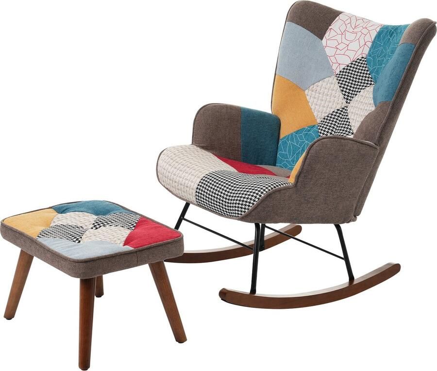 Merax Schommelstoel met Voetensteun – Patchwork Design – Relaxstoel van Massief Hout en IJzer – Unieke Bontlook voor Stijl en Comfort - Foto 2