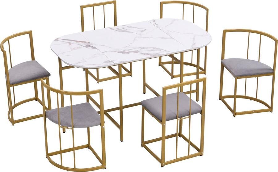 Merax Sechs-Stuhl Esstischset:(Weißer Tisch Stühle mit Rückenlehnen und grauen Polstern Goldfarbenes Eisengestell) Esszimmertisch und Stuhlset Moderne Esstischkombination(previous sku: 308399408AA)