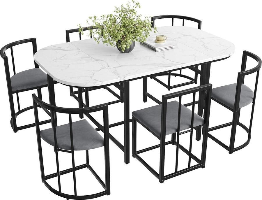 Merax Sechs-Stuhl Esstischset:(Weißer Tisch Stühle mit Rückenlehnen und grauen Polstern Schwarzfarbenes Eisengestell) Esszimmertisch und Stuhlset Moderne Esstischkombination(previous sku:308399408AA)