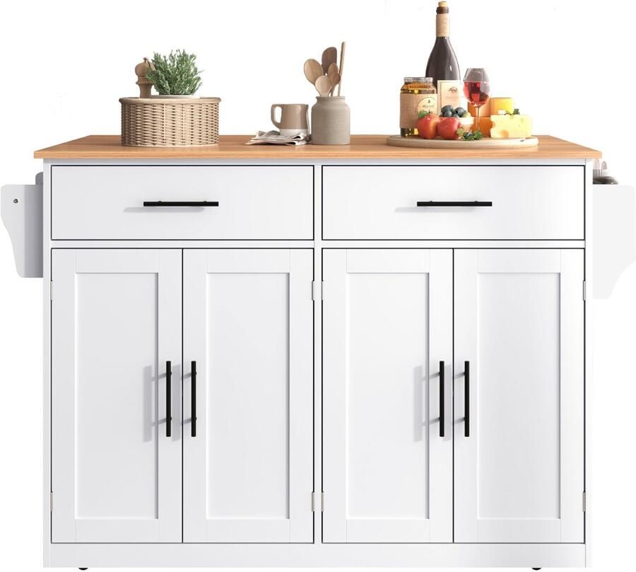 Merax Servierwagen met Klapbare Tafelblad 120x46(70)x91 cm Wit met Natuurlijke Houten Poten Met Rollen en Opbergruimte Ideaal voor Keuken en Eetkamer