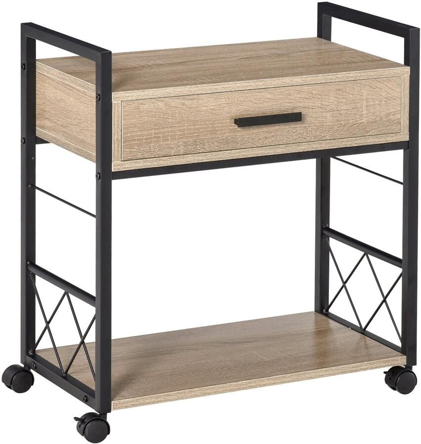 Merax Serveerwagen met Wielen Bijzettafel met Lade en Plank Verrijdbare Keukentrolley Houtlook Bruin 60x30x65 cm