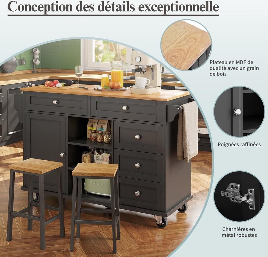 Merax serveerwagen – moderne zwarte keukenkast op wieltjes met lades & opbergruimte – 134×46×92 cm – met houten accenten – ideaal voor keuken & eetkamer - Foto 3