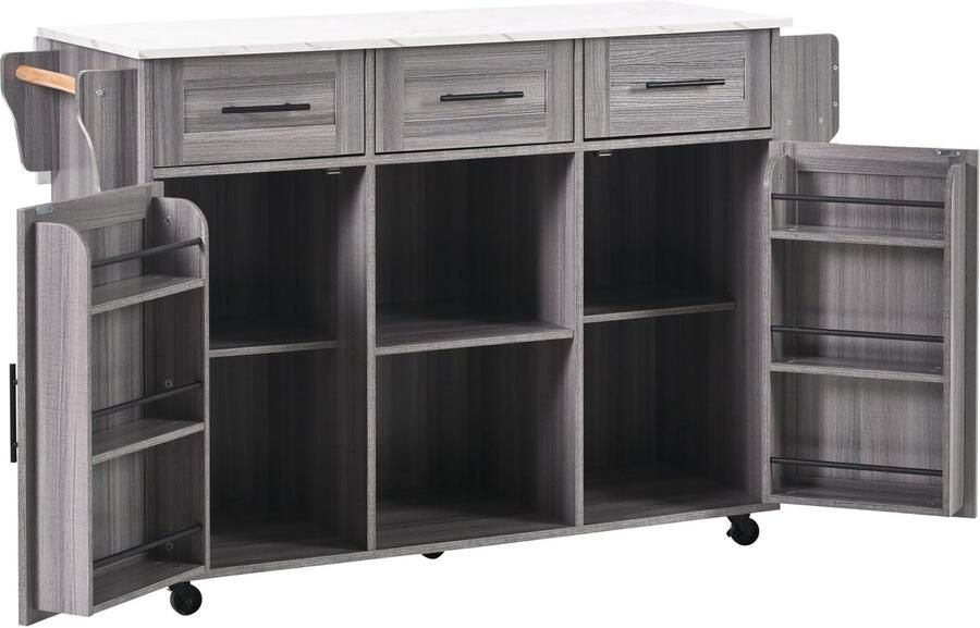 Merax Servierwagen Beistellkast met Klapbare Werkblad – 139x46(71)x91.5 cm – Grijs Houten Look – Marmorwerkblad – Grote Opbergruimte – Wielen en Stabiele Voeten - Foto 2